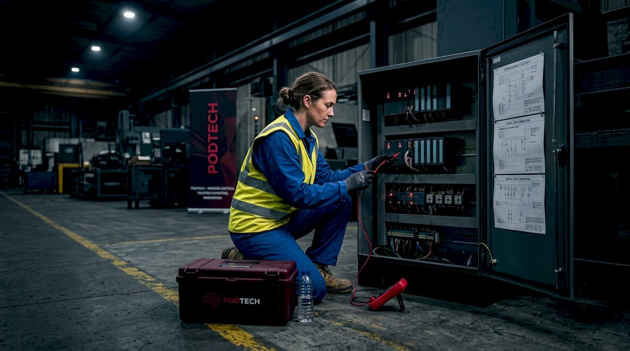 Technician testing wiring in PLC cabinet