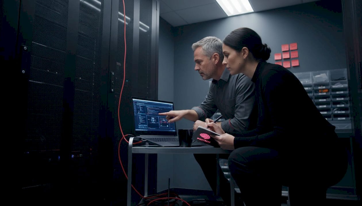 Staff troubleshooting in server room with laptop