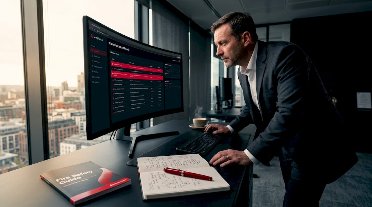 Compliance manager reviews dashboard in city office