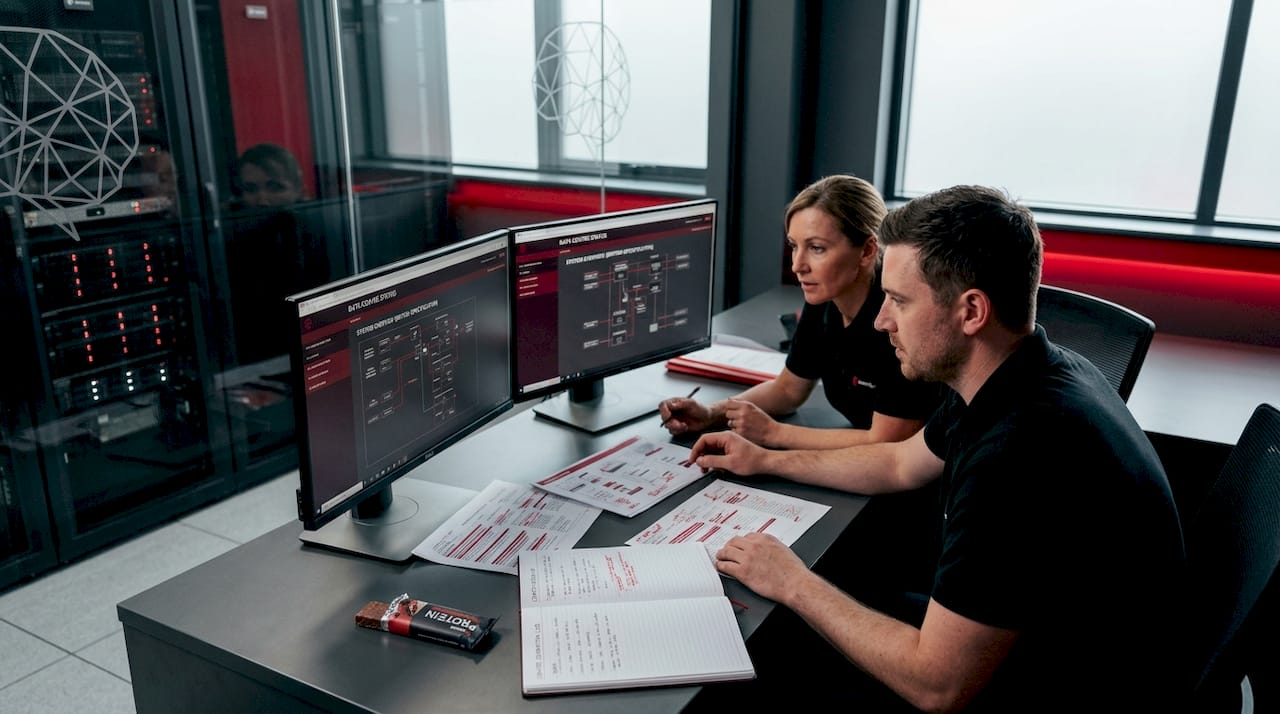 Engineers collaborating in data center control room