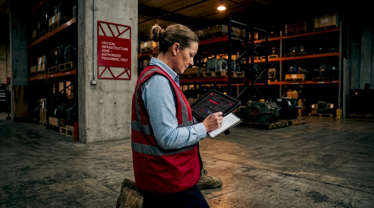 Manager verifying safety in industrial corridor