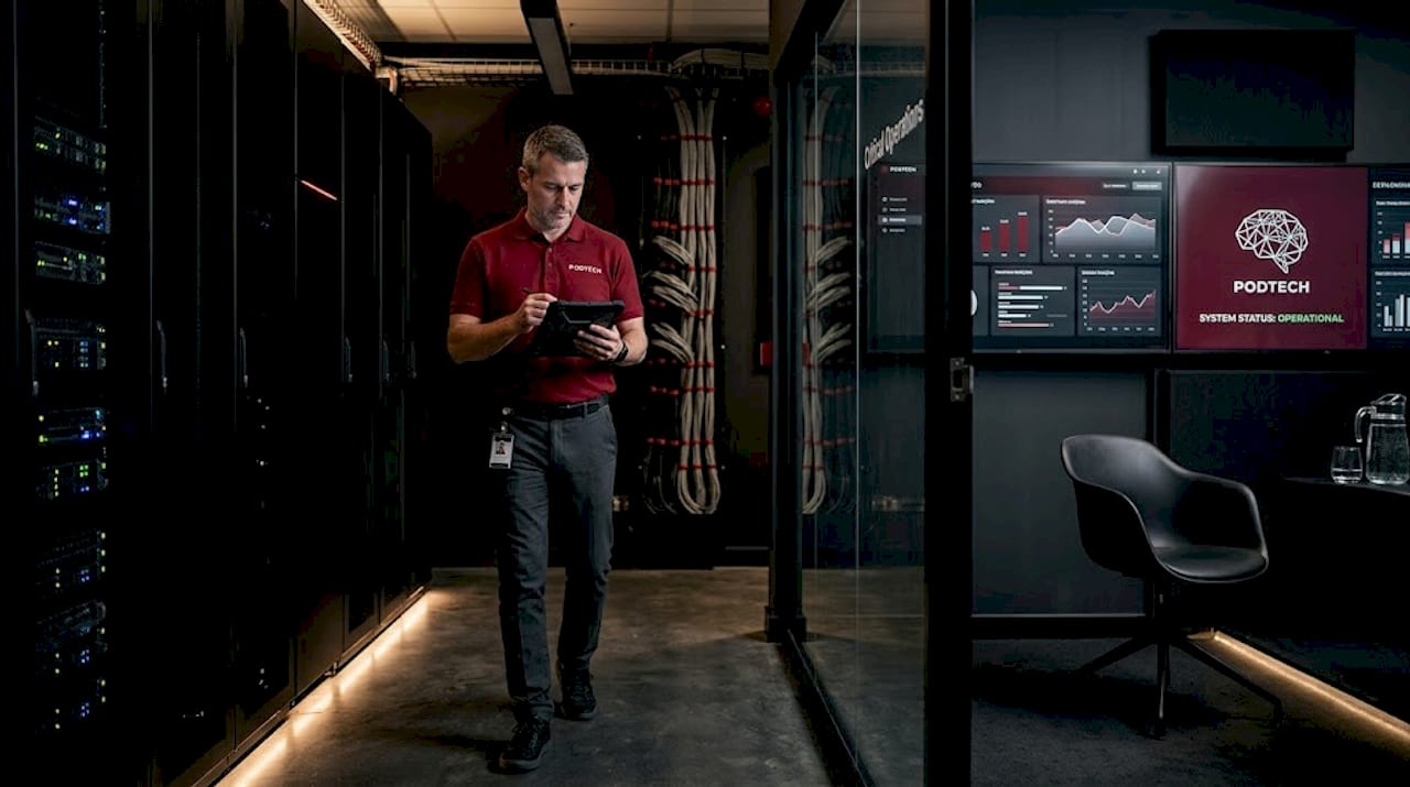 IT manager reviews software in data centre