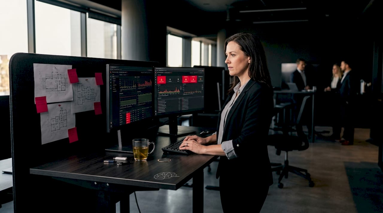 Engineer reviews observability dashboards for uptime