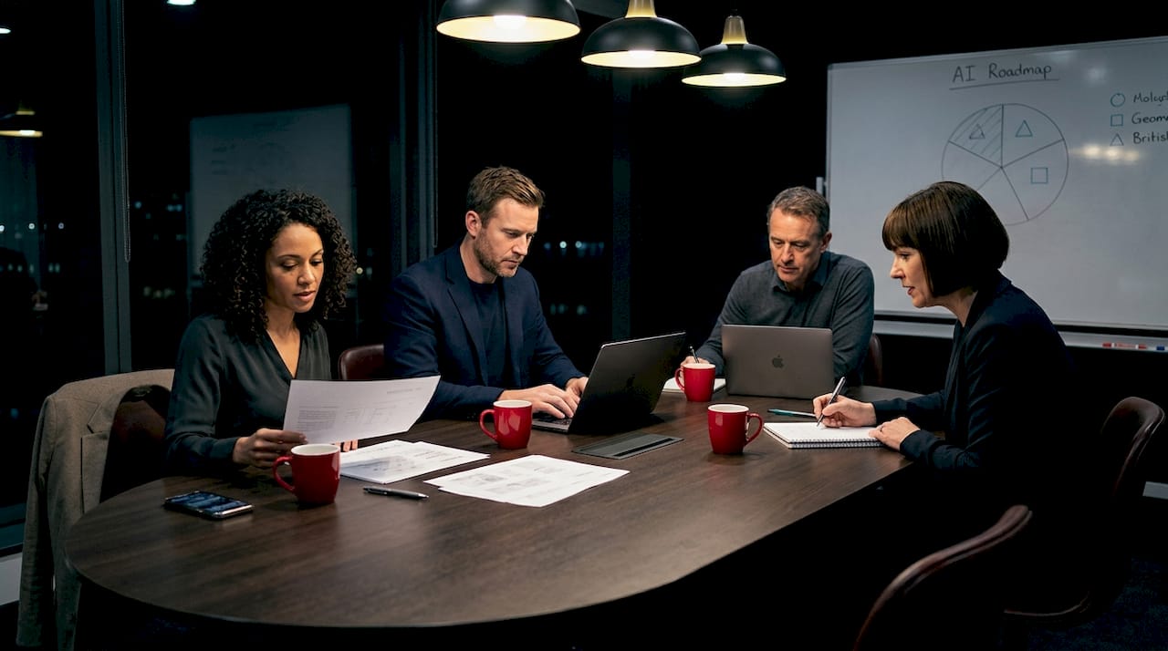 Enterprise team in AI strategy meeting workspace