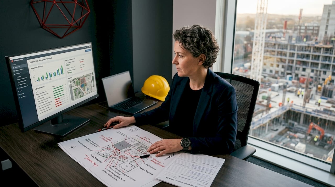 Manager reviewing construction safety software