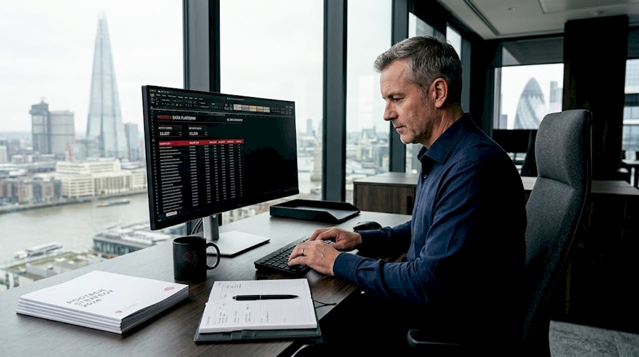 Manager entering data in automated office setting