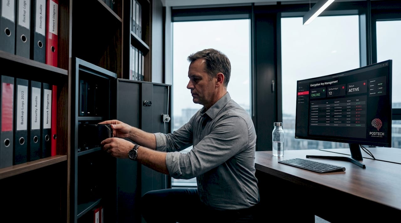 Administrator securing data backups office