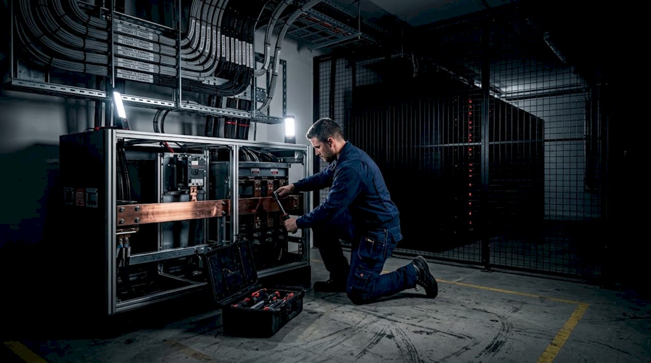 Technician installing custom data centre busbar