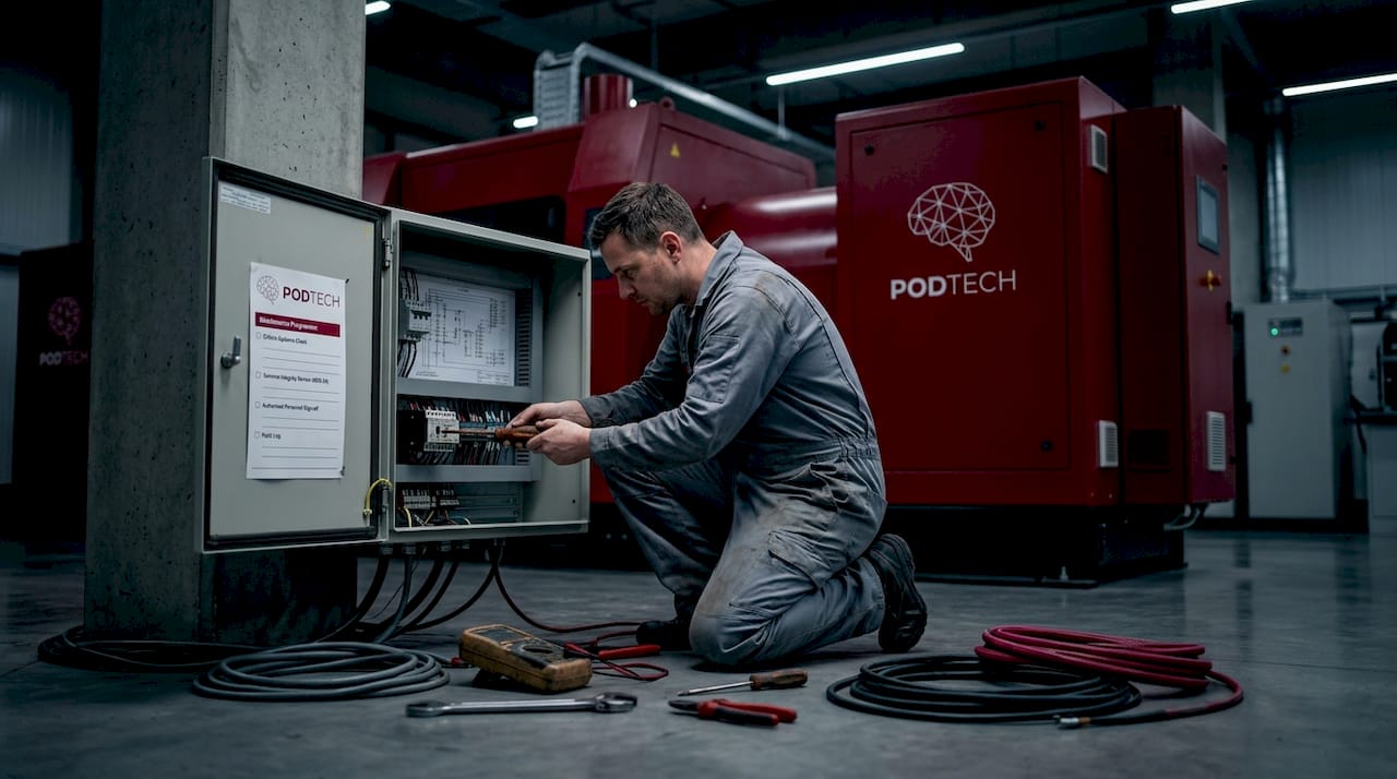 Technician checks wiring at factory control panel