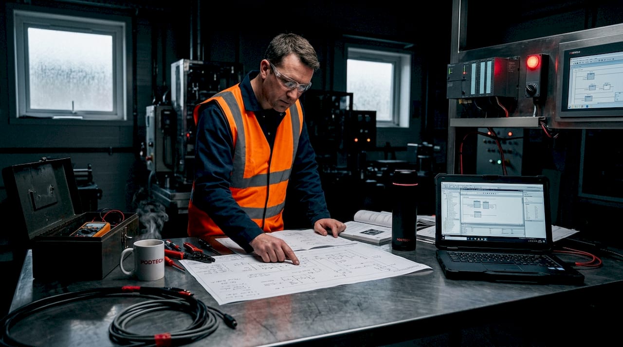 Engineer reviews automation schematics in control lab
