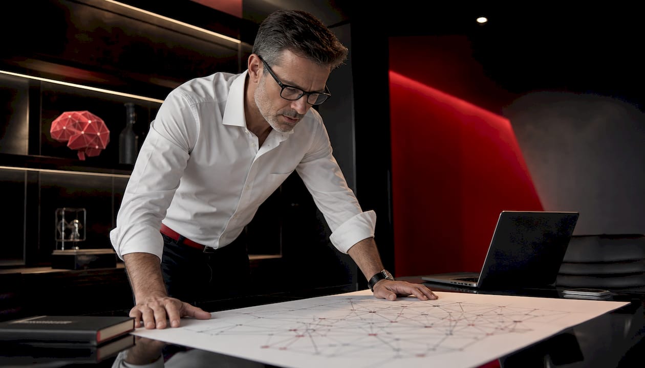 Engineer reviewing network topology map at desk