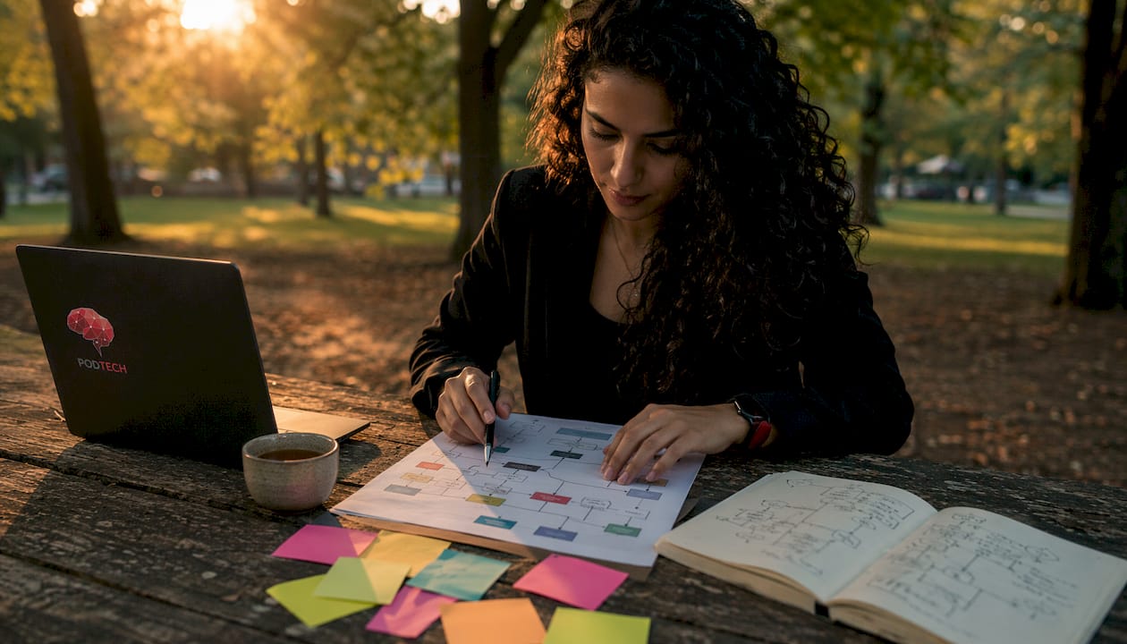 Female analyst working on AI workflows in modern office