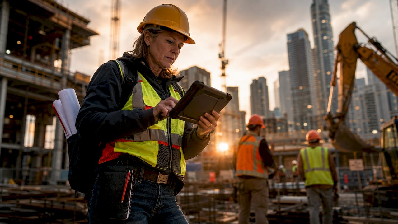 Safety engineer utilizing analytics on construction site