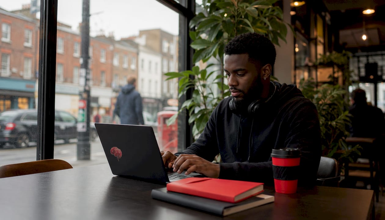UK developer working at coworking desk