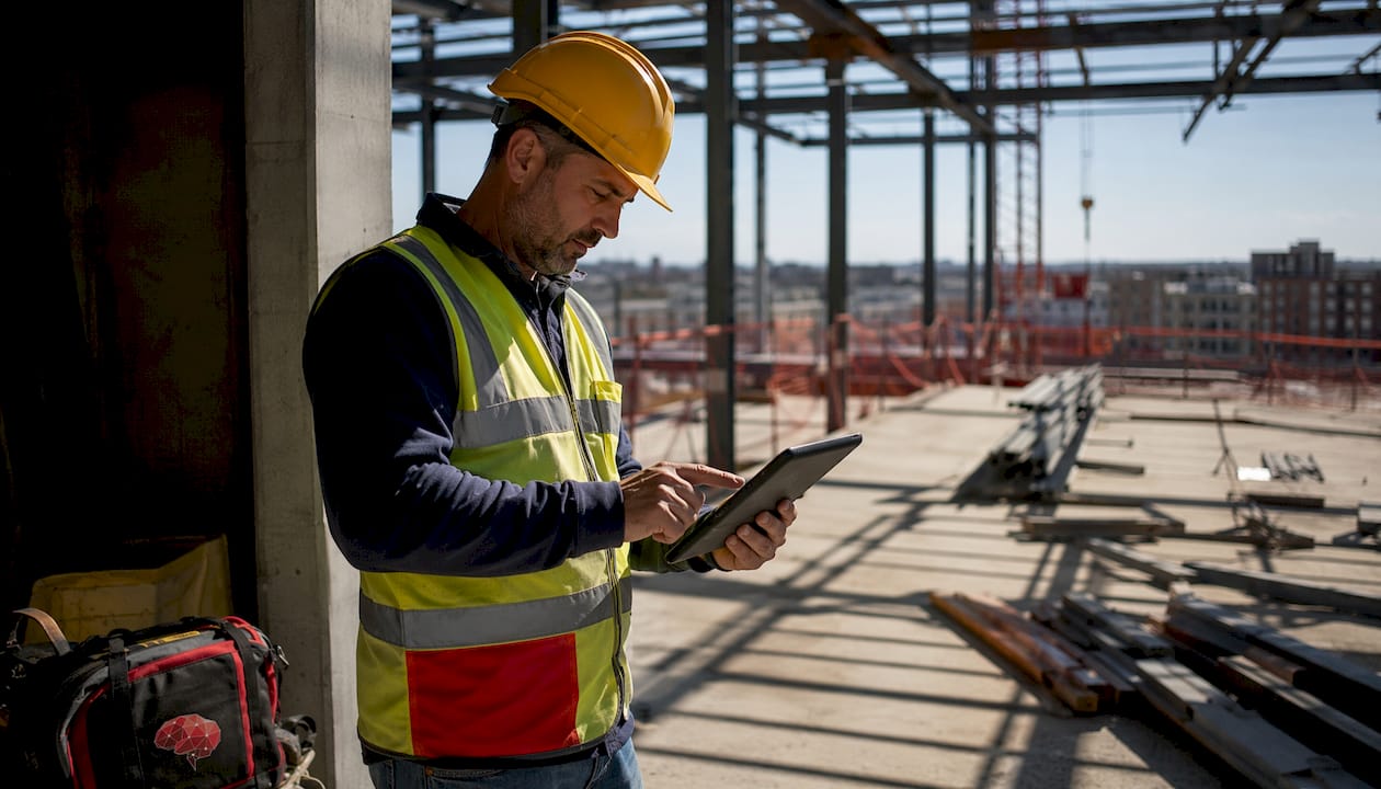Site manager reviewing safety data at construction
