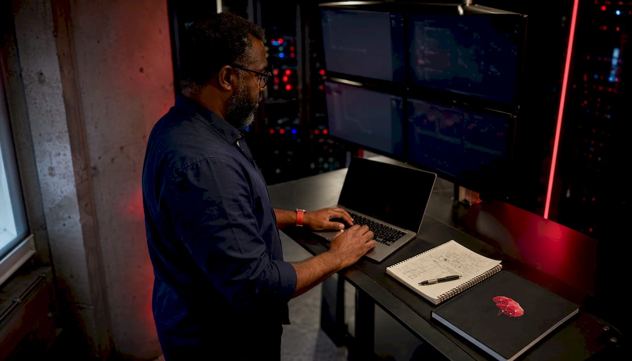 Engineer in telemetry control room monitoring systems