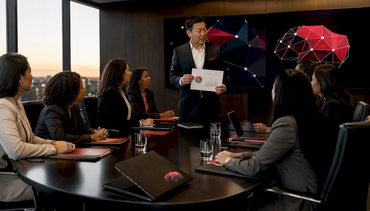 Leadership team in boardroom discussing data