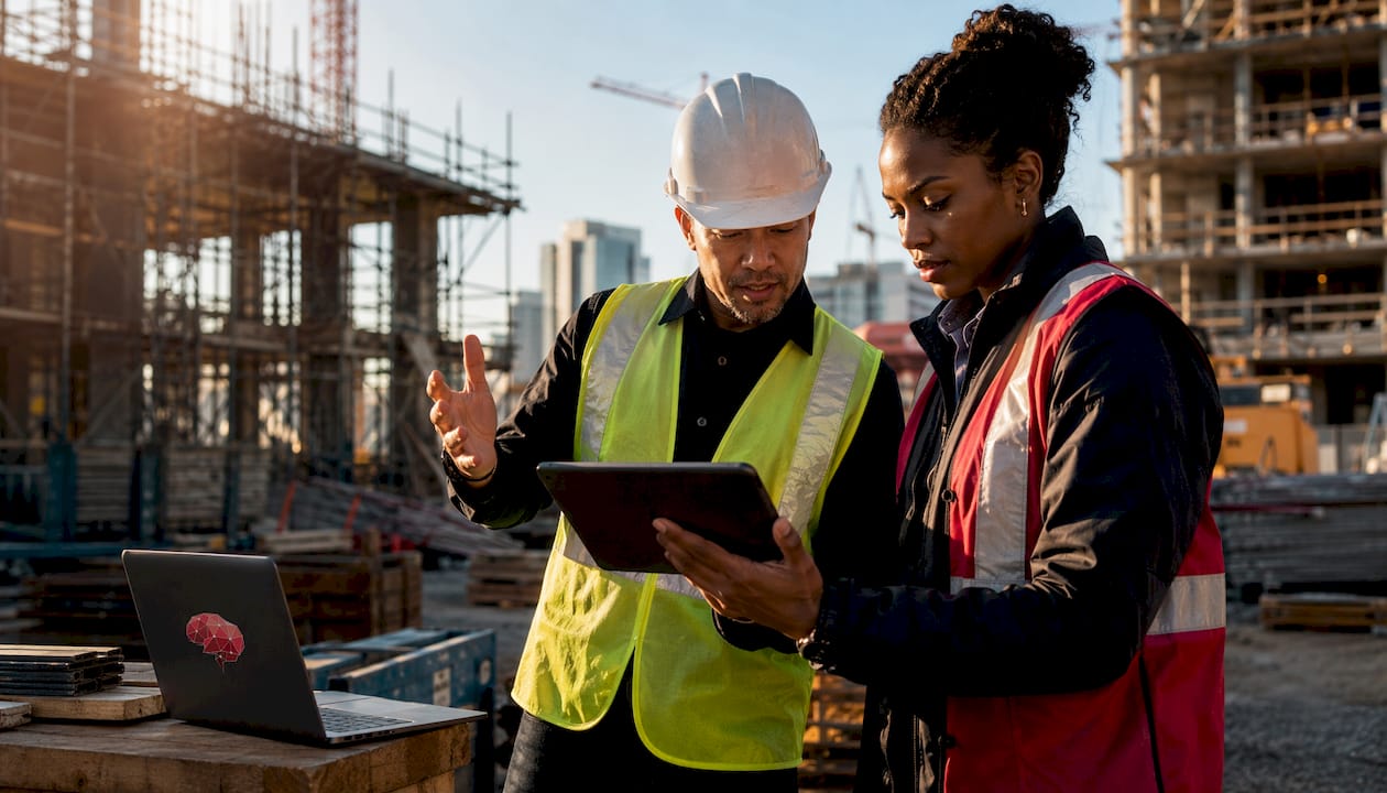 Engineers reviewing tablet at construction site