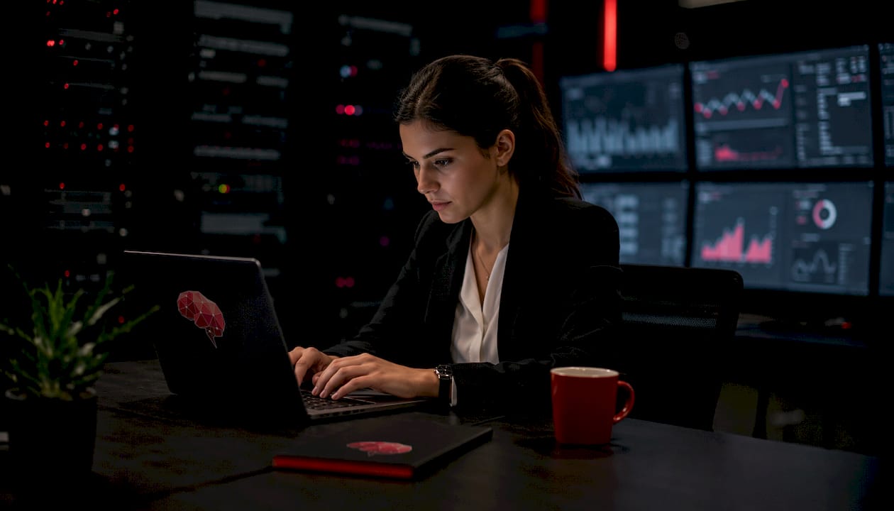 Hands typing on keyboard with datacentre notes