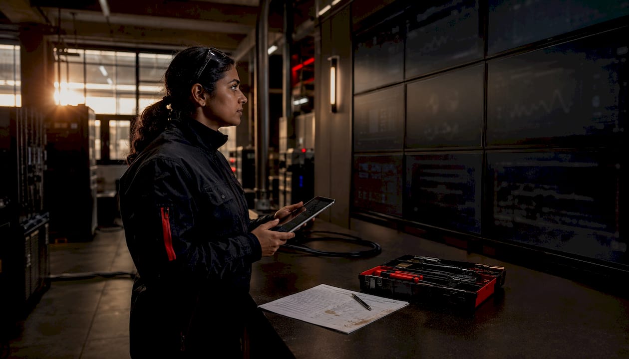 Facilities engineer in building monitoring control room