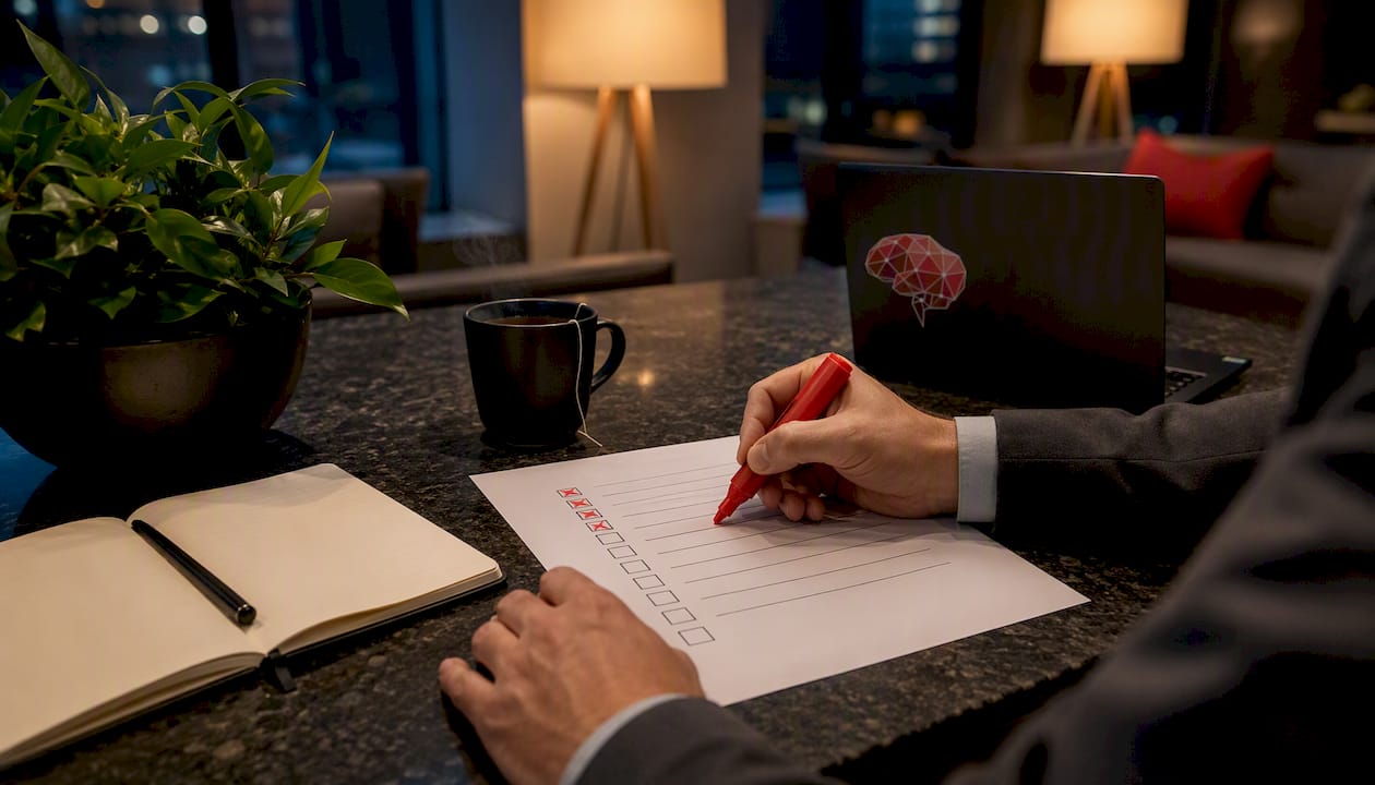 Close-up of hands marking IT procurement checklist