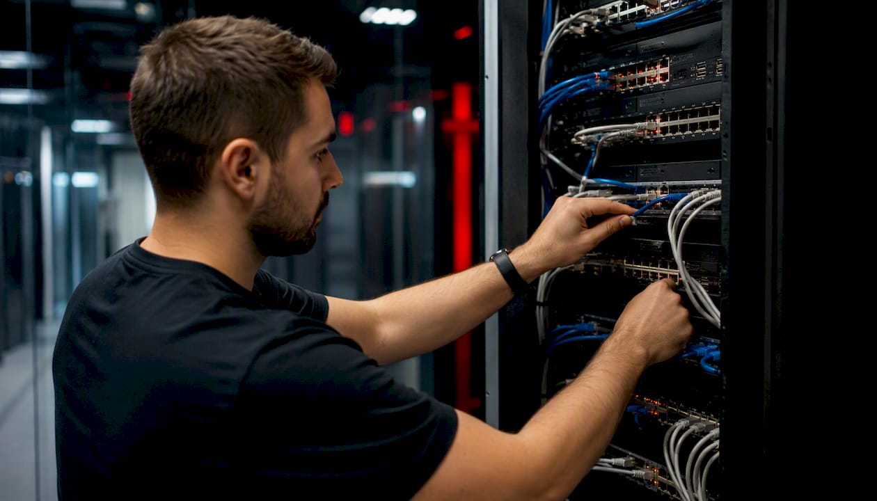Hands rewiring network cables in datacenter
