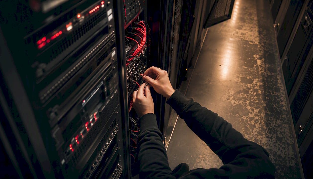 Hands connecting network telemetry cables in datacenter
