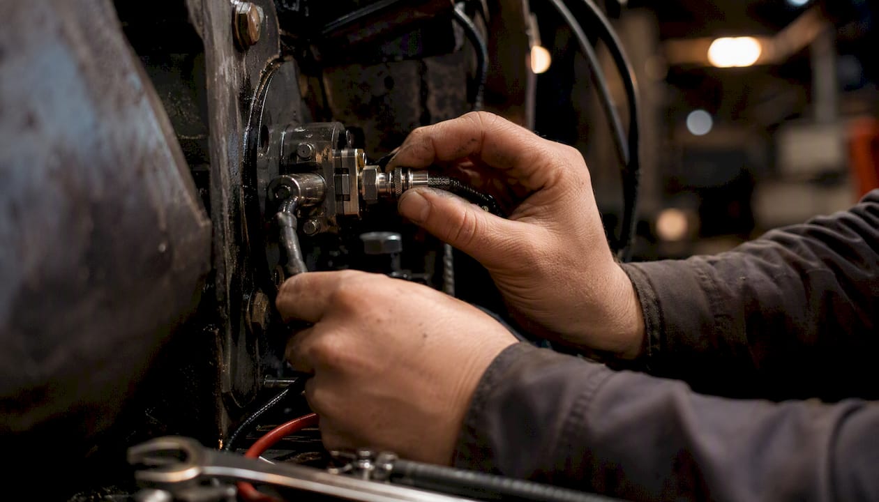 Hands adjusting sensor cable on industrial machinery