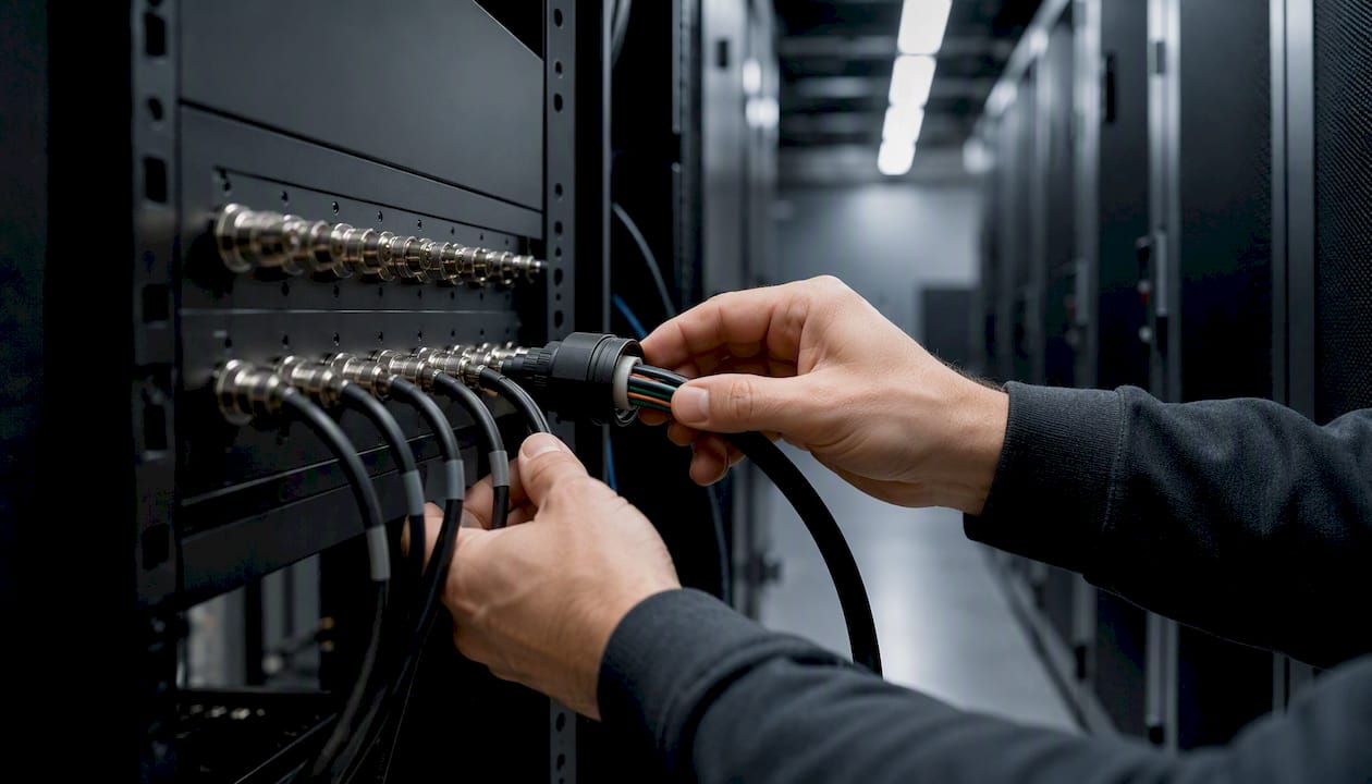 Hands connecting telemetry cable in UK data center