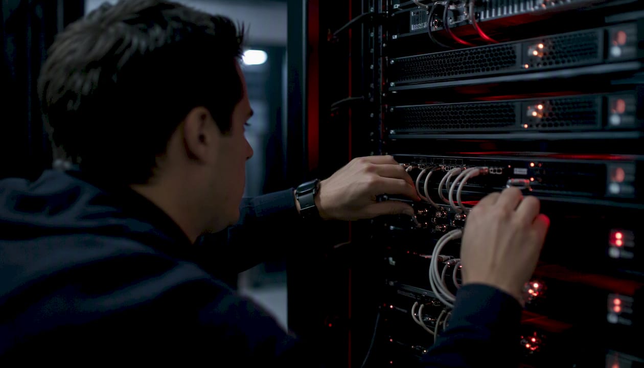 Hands connecting cables on server rack