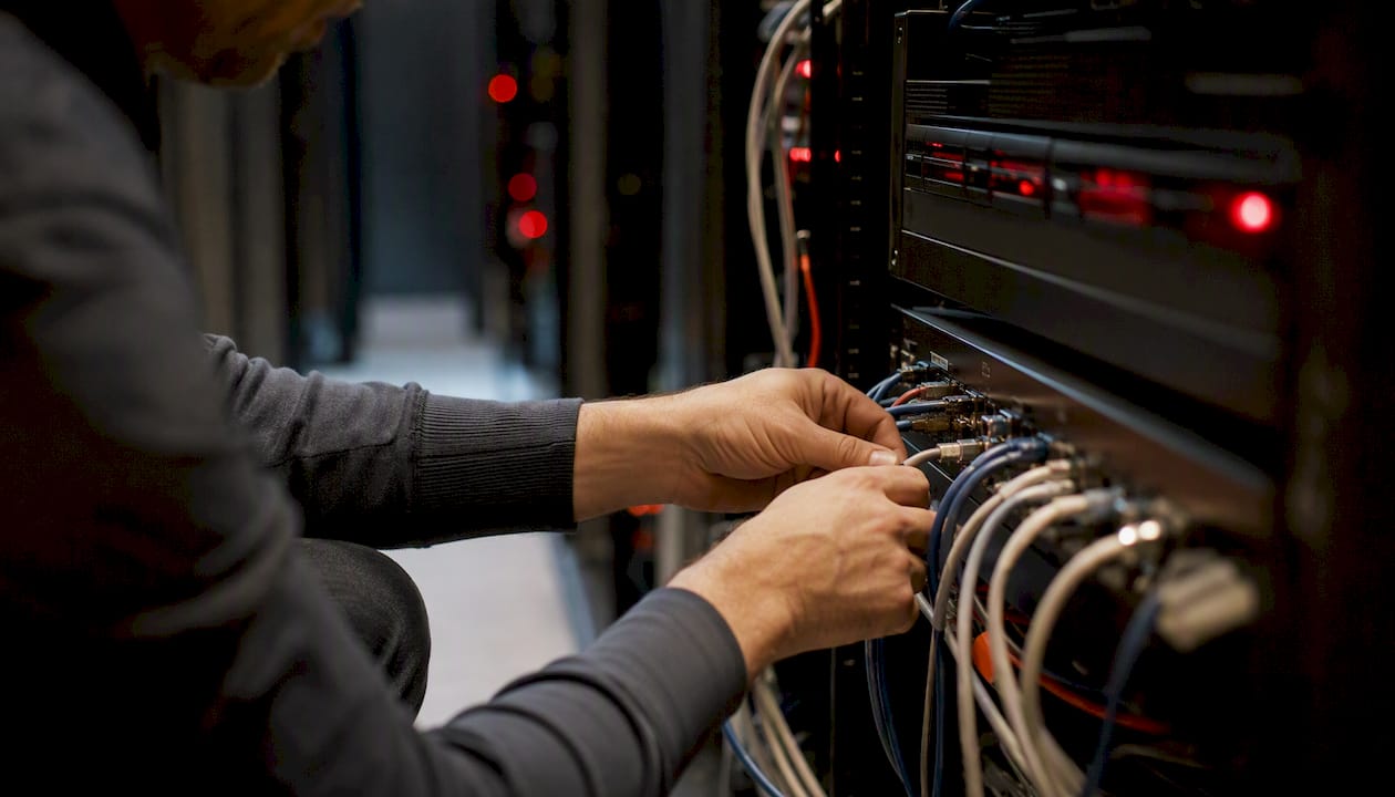 Hands connecting secure network cables to hub