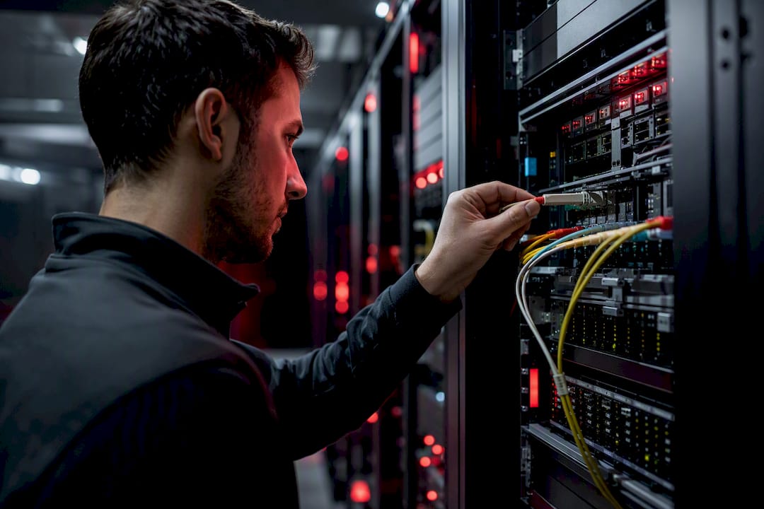 Technician connecting fiber optic cable in data center