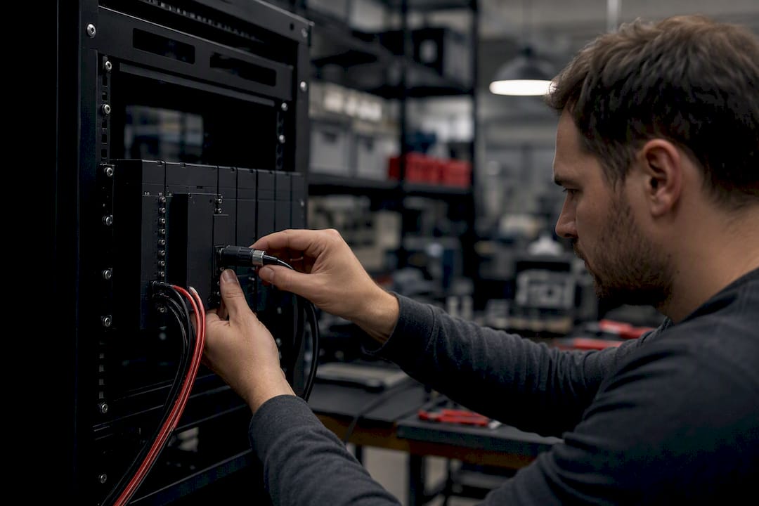 Hands connecting cable on industrial hardware