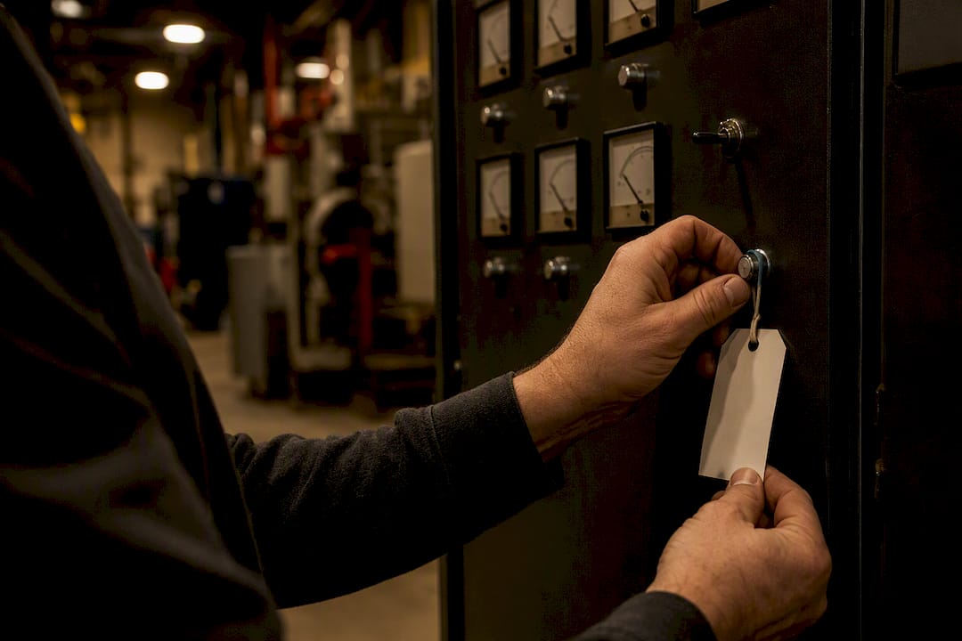 Technician securing handoff tag on control unit