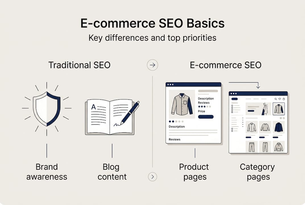 Infographic comparing e-commerce and traditional SEO focus