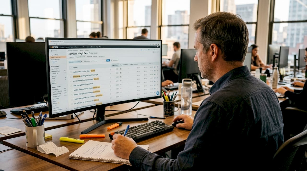 Marketer conducting e-commerce keyword research workspace