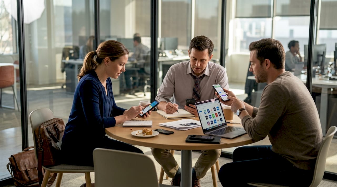 Team comparing mobile app interfaces at table