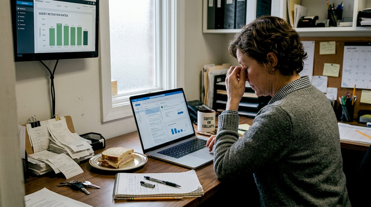 Manager checking digital analytics in restaurant office