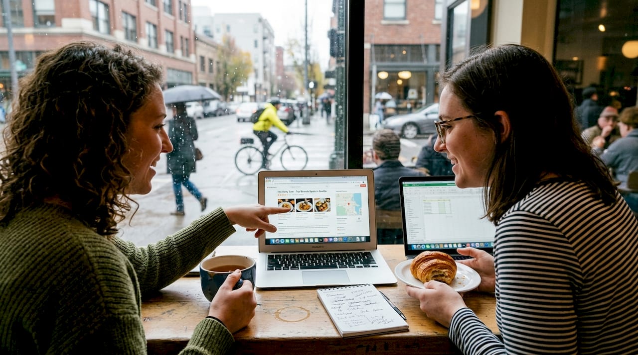 Friends discussing restaurant on café laptops