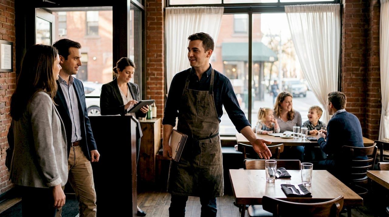 Waiter greeting guests at restaurant entrance
