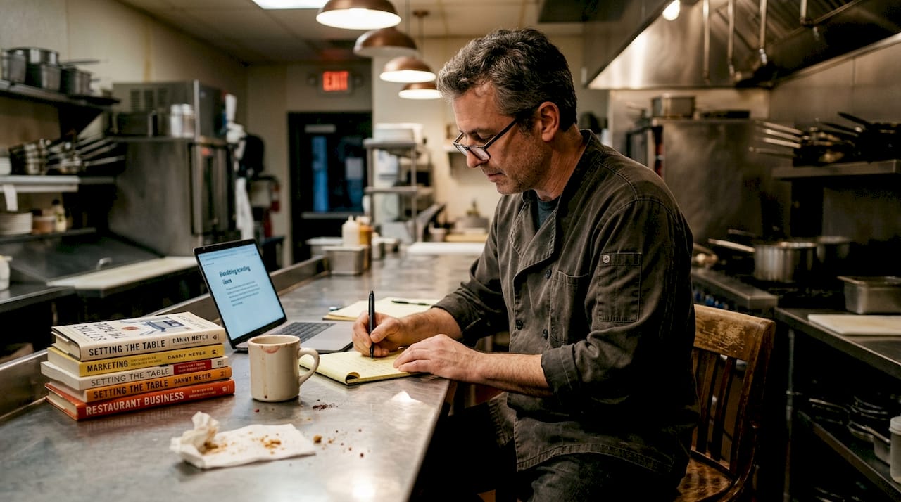 Owner brainstorming branding at kitchen counter