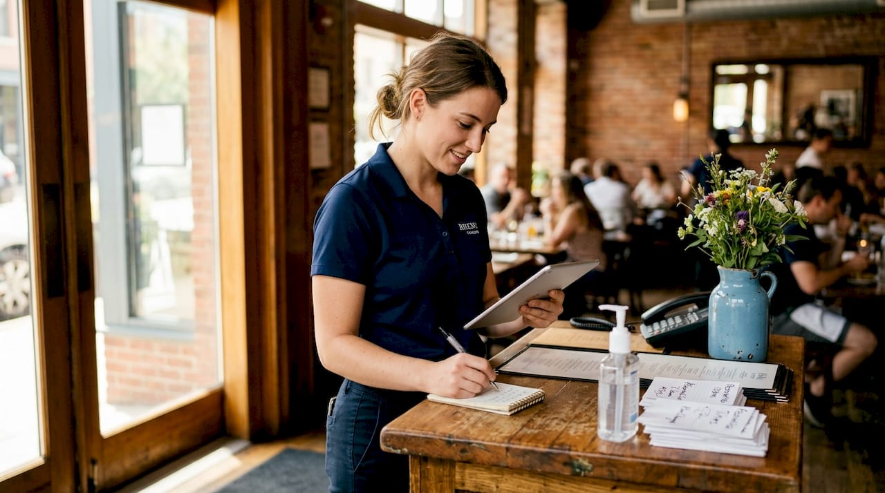 Restaurant staff checks feedback on tablet
