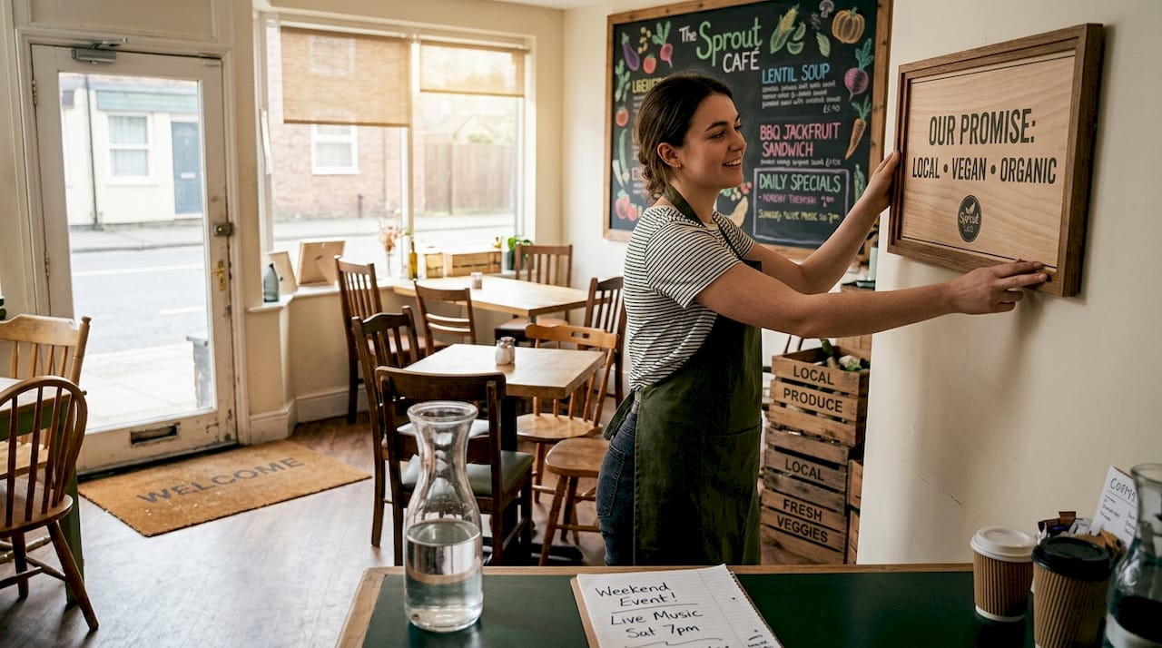 Staff member adjusting restaurant brand signage