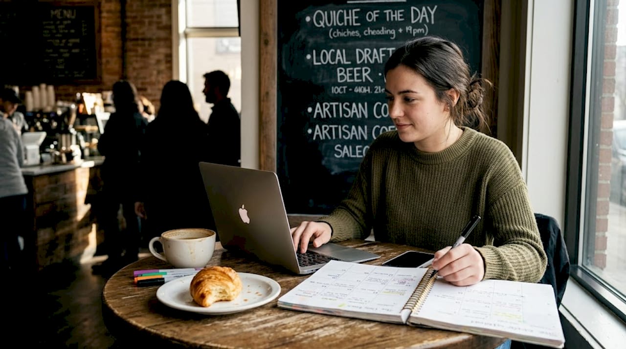 Manager planning social posts in café corner