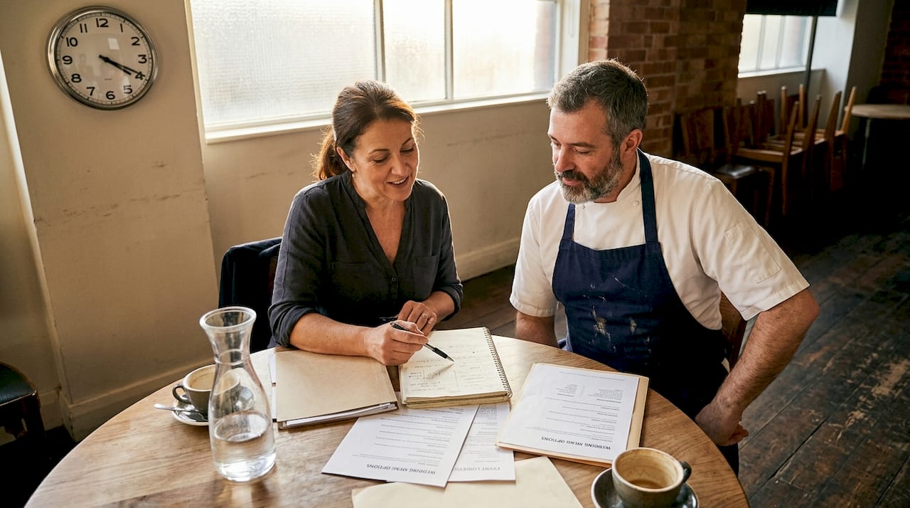 Event planner and chef meeting in restaurant