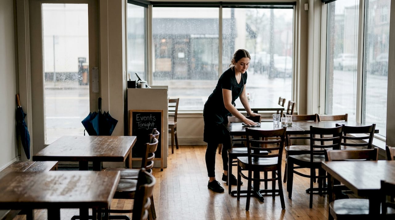 Server cleaning empty restaurant tables on rainy day
