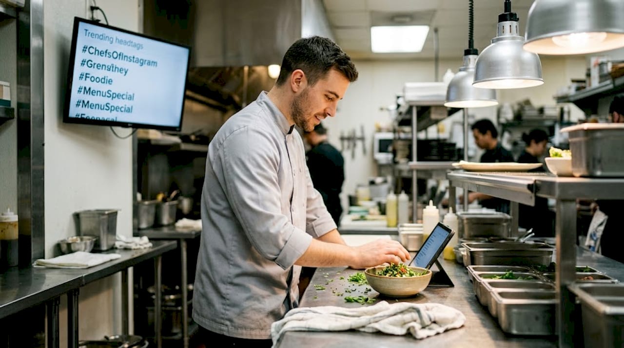 Chef selecting hashtags in busy kitchen