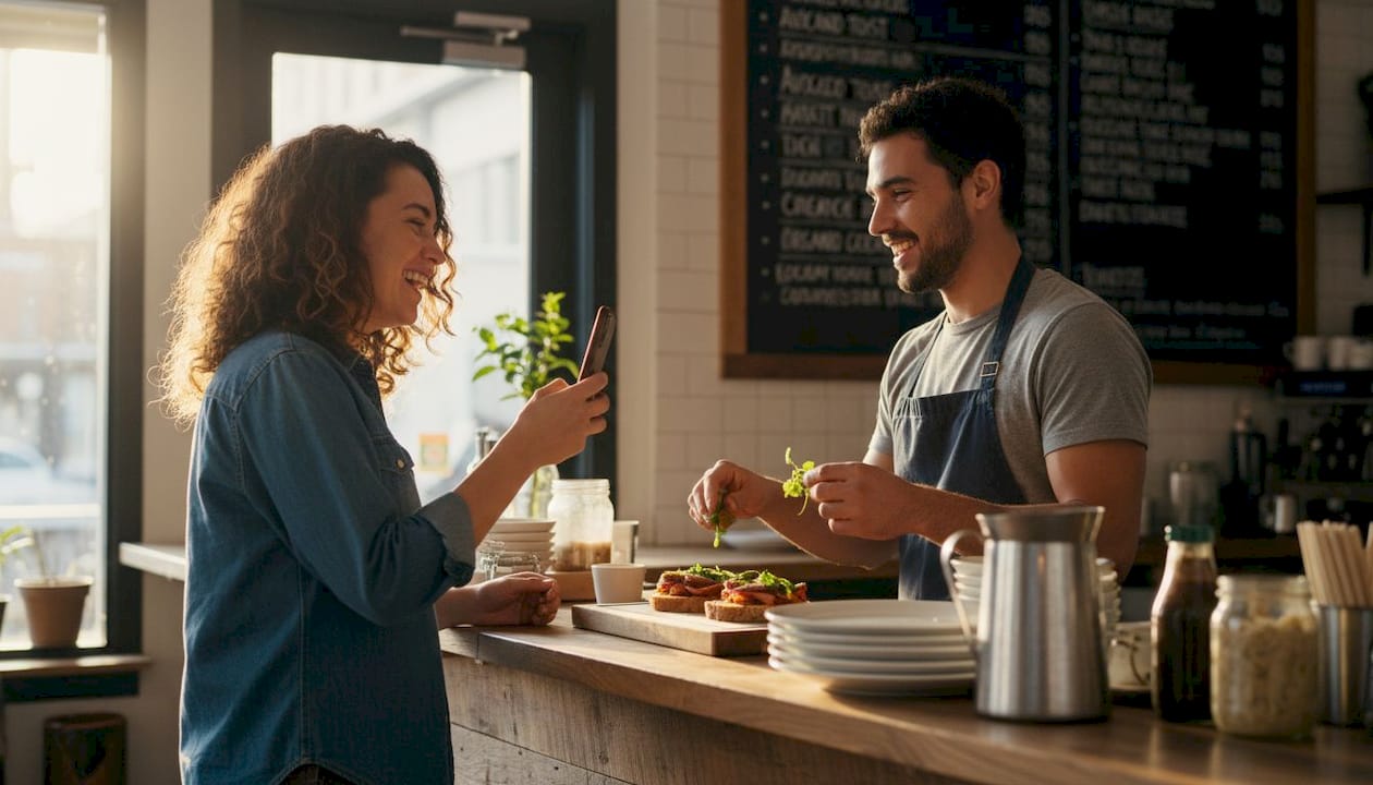 Staff making food video at restaurant counter