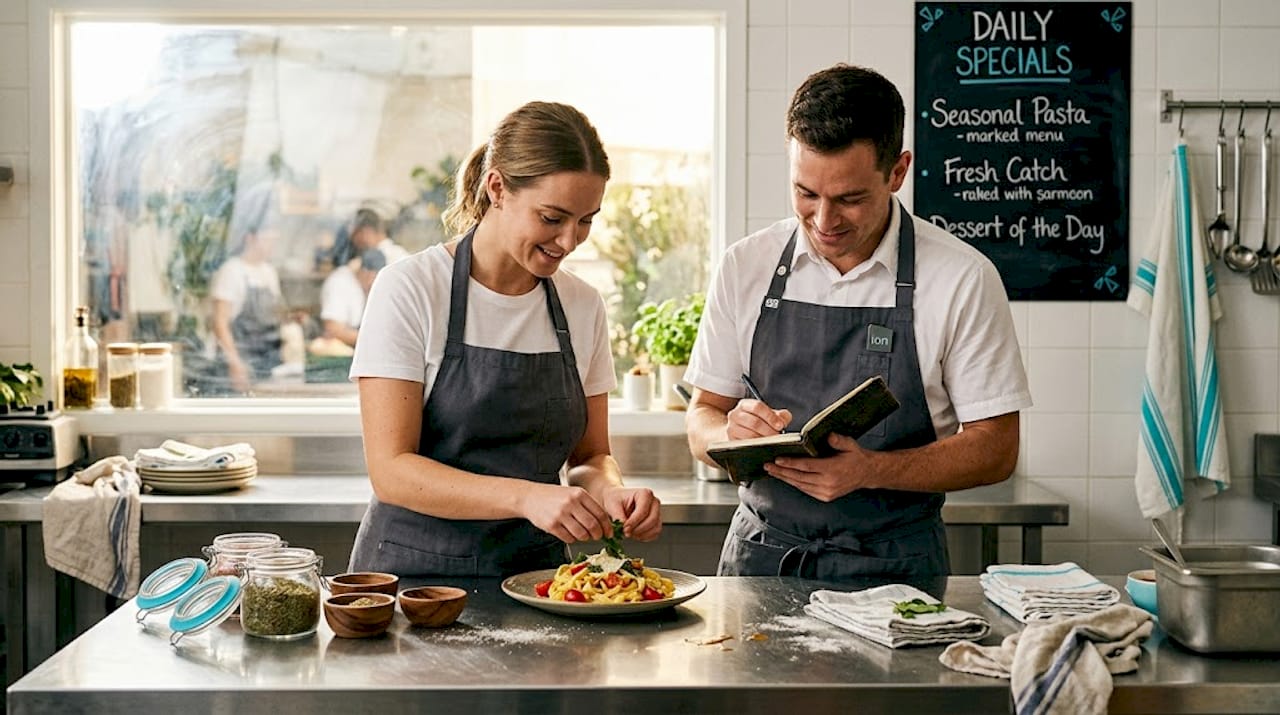 Kitchen staff prepping dishes and updating menu