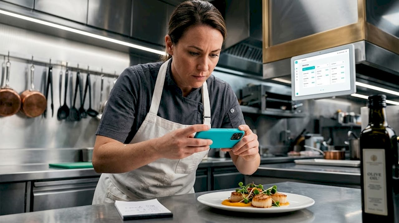 Chef taking photo of plated food in kitchen